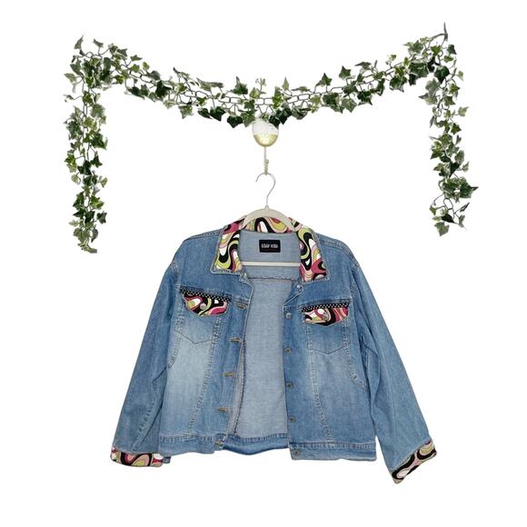 SCRAP WORK Y2K Groovy Print Denim Jacket Size Large - Picture 1 of 6